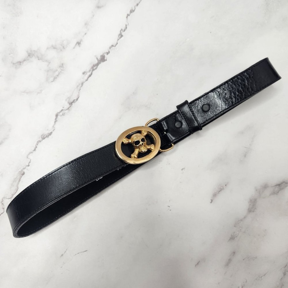 B-Low the Belt Women's Black Leather Belt Pirate Medallion Skull & Crossbones 26